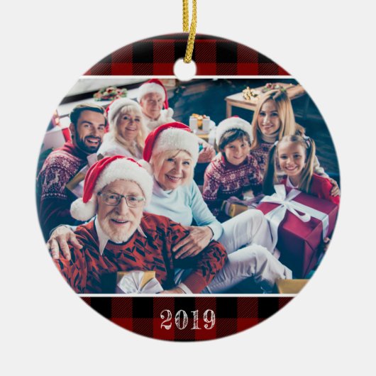 Rustic Red Buffalo Pset met kerstfoto's Keramisch Ornament (Voorkant)