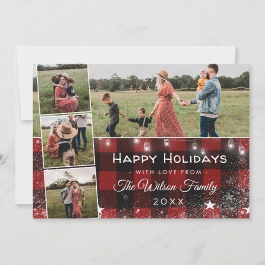 Rustic Red Buffalo Pset String Lights Mason Jars Feestdagenkaart (Voorkant)