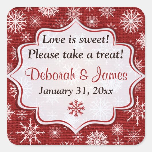 Rustic Red Burlap Snowflakes bruiloft Sticker (Voorkant)