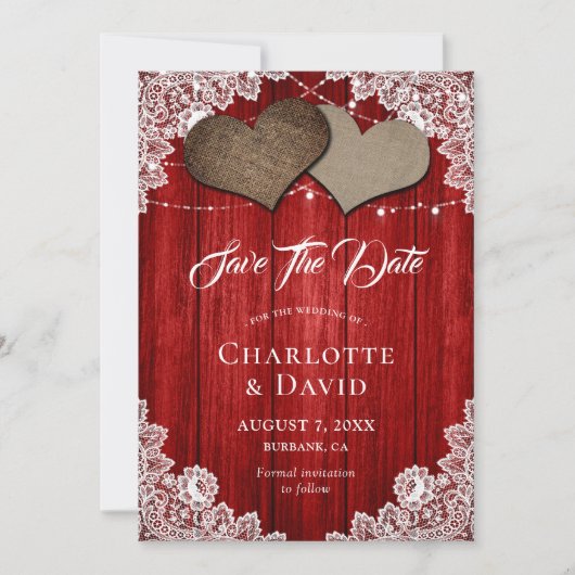 Rustic Red Burlap Wedding Save the Date Kaart (Voorkant)