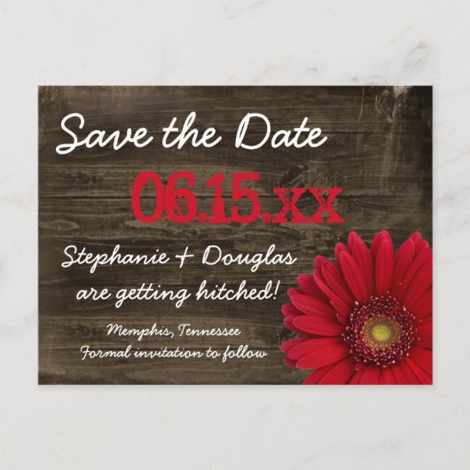 Rustic Red Daisy Wood bespaart de datum-Briefkaart Aankondigingskaart (Voorkant)