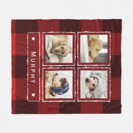 Rustic Red Denim Buffalo Pset Photo Collage Dog Fleece Deken (Voorkant (Horizontaal))