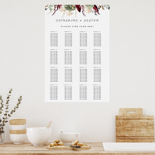 Rustic Red Elegant Floral Seating Chart Poster (Keuken)