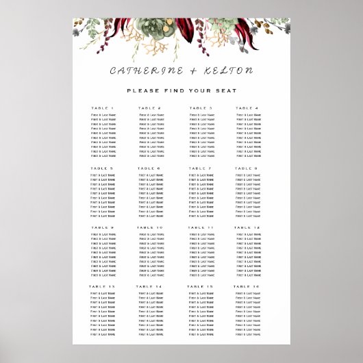 Rustic Red Elegant Floral Seating Chart Poster (Voorkant)