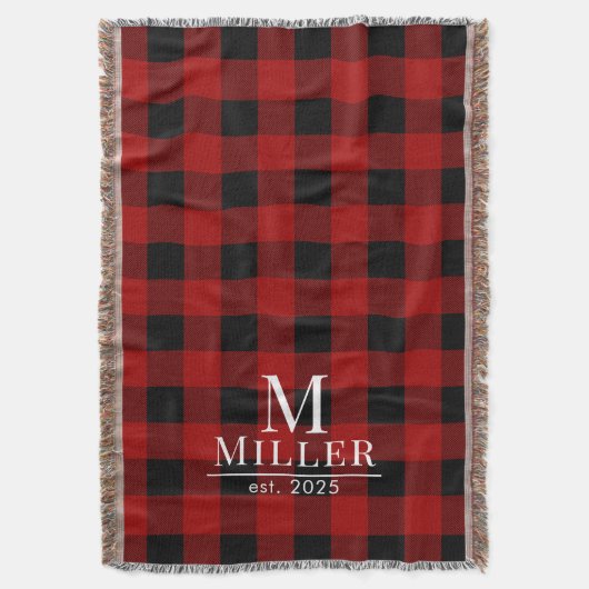 Rustic Red en Black Buffalo Check Monogram Geweven Deken (Voorkant Verticaal)