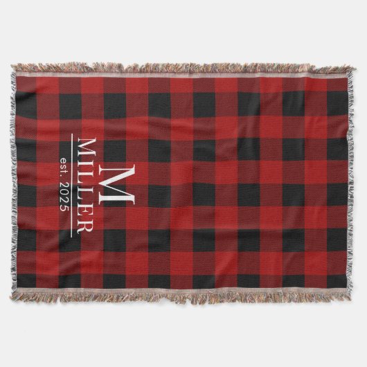 Rustic Red en Black Buffalo Check Monogram Geweven Deken (Voorkant)