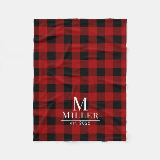 Rustic Red en Black Buffalo Controleer Monogram Na Fleece Deken (Voorkant)