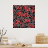 Rustic Red en Black Stem Roos Pattern Poster (Keuken)