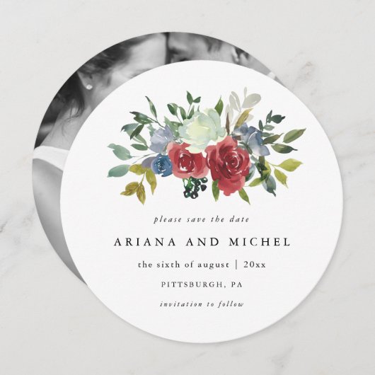 Rustic Red en Blue Floral Photo Wedding Save The Date (Voorkant / Achterkant)