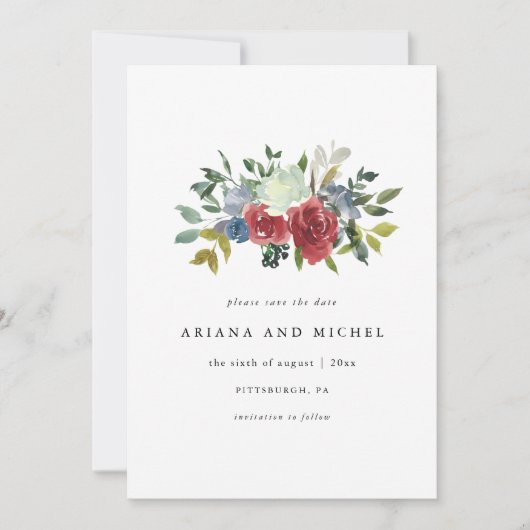 Rustic Red en Blue Floral Photo Wedding Save The Date (Voorkant)