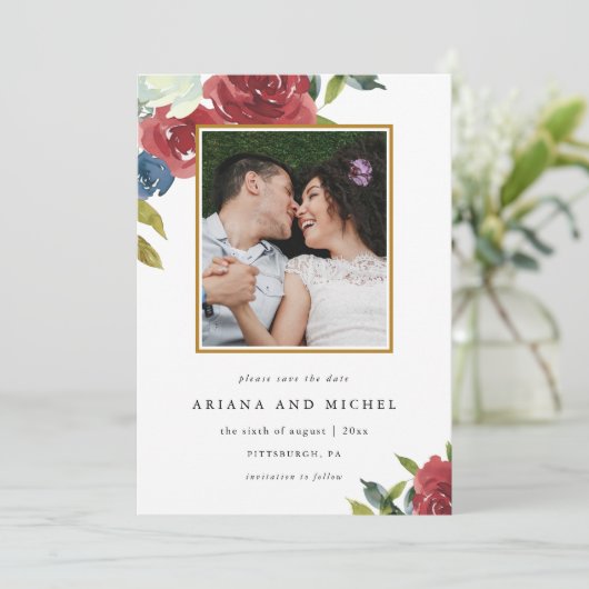 Rustic Red en Blue Floral Photo Wedding Save The Date (Staand voorkant)