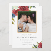 Rustic Red en Blue Floral Photo Wedding Save The Date (Voorkant / Achterkant)