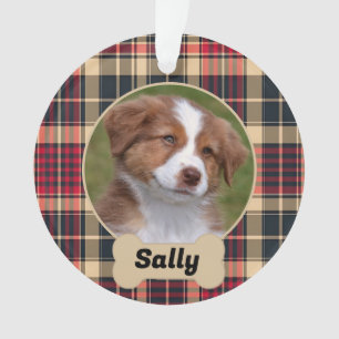 Rustic Red en Tan Tartan Plaid Custom Dog Foto Ornament