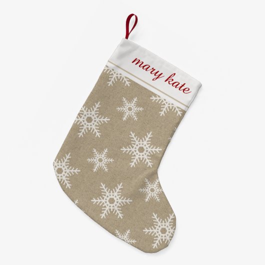 Rustic Red en White Faux Burlap Snowflake Pattern Kleine Kerstsok (Voorkant (Hangend))