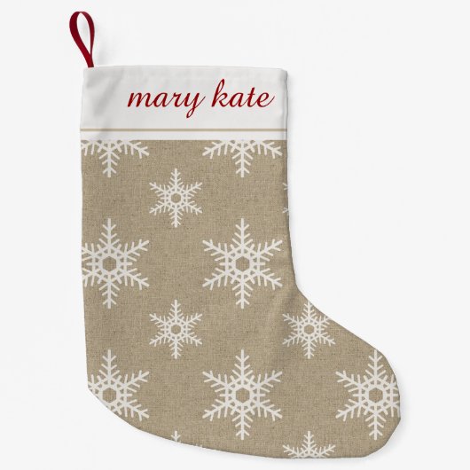 Rustic Red en White Faux Burlap Snowflake Pattern Kleine Kerstsok (Voorkant)