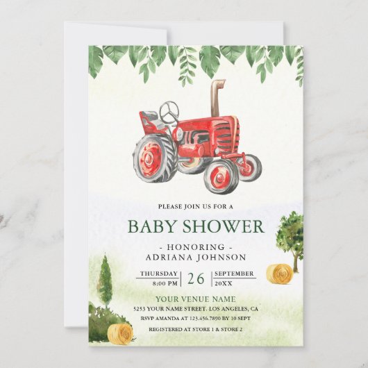 Rustic Red Farm Tractor Baby Shower Kaart (Voorkant)