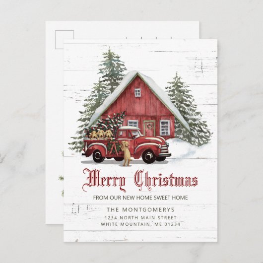 Rustic Red Farmhouse Snowman kerst Moving Anno Aankondigingskaart (Voorkant / Achterkant)