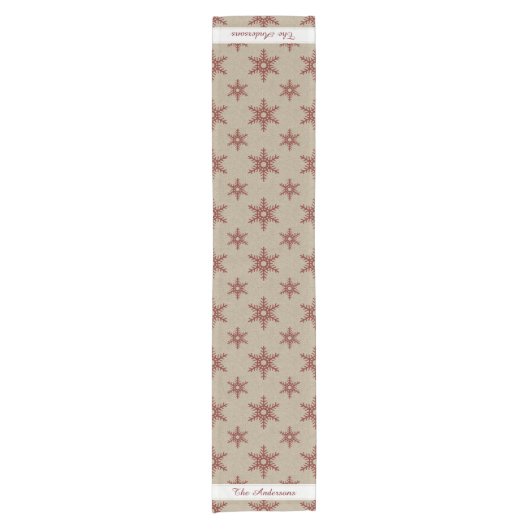 Rustic Red Faux Burlap Snowflake Pattern Korte Tafelloper (Voorkant)