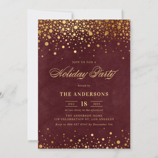 Rustic Red Faux Gold Foil Confetti Holiday Party Kaart (Voorkant)