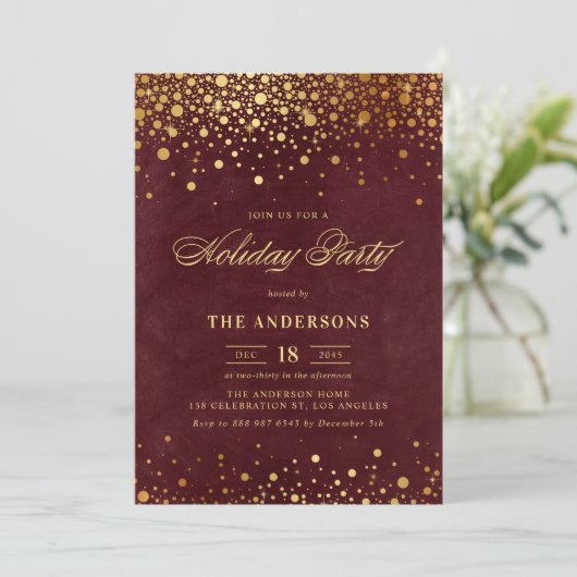 Rustic Red Faux Gold Foil Confetti Holiday Party Kaart (Staand voorkant)