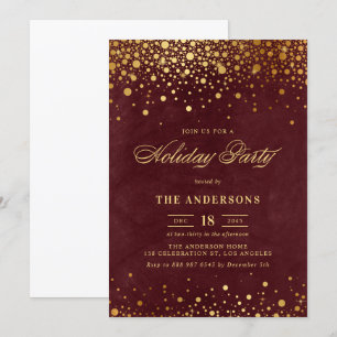 Rustic Red Faux Gold Foil Confetti Holiday Party Kaart