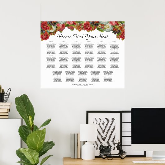 Rustic Red Floral 17 Tafel Wedding Seating Chart Poster (Thuiskantoor)