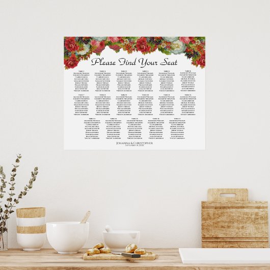 Rustic Red Floral 17 Tafel Wedding Seating Chart Poster (Keuken)