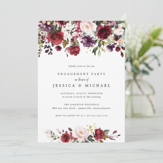 Rustic Red Floral Engagement Party Kaart (Staand voorkant)