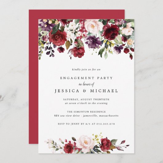Rustic Red Floral Engagement Party Kaart (Voorkant / Achterkant)