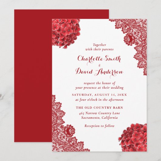 Rustic Red Floral Lace Wedding Invitation Kaart (Voorkant / Achterkant)