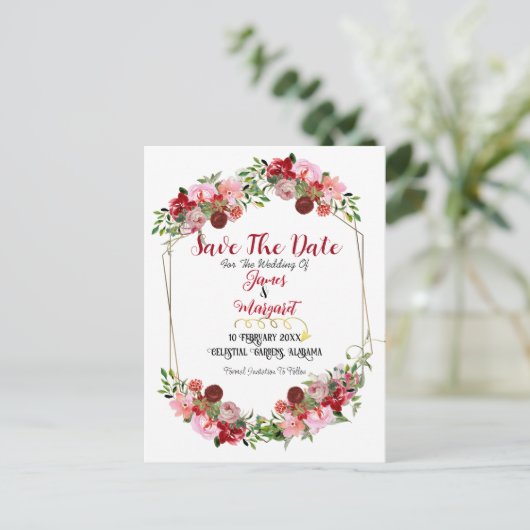 Rustic Red Floral Lijst Waterverf sparen de datum Feestdagenkaart (Staand voorkant)