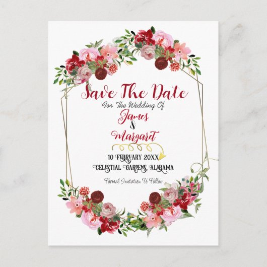 Rustic Red Floral Lijst Waterverf sparen de datum Feestdagenkaart (Voorkant)