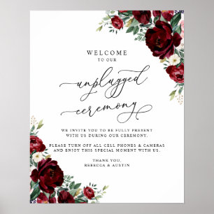Rustic Red Floral unplugged Ceremony Wedding Sign Poster