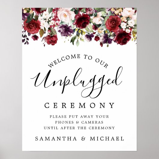 Rustic Red Floral unplugged Wedding Ceremony Sign Poster (Voorkant)