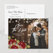 Rustic Red Floral Wedding Photo Save the Date Aankondigingskaart (Voorkant / Achterkant)