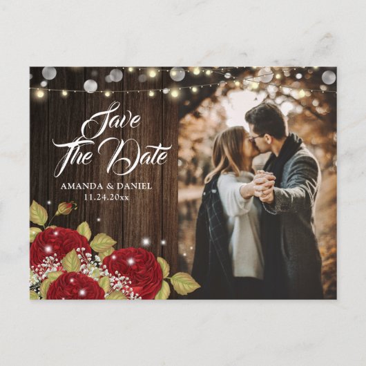 Rustic Red Floral Wedding Photo Save the Date Aankondigingskaart (Voorkant)