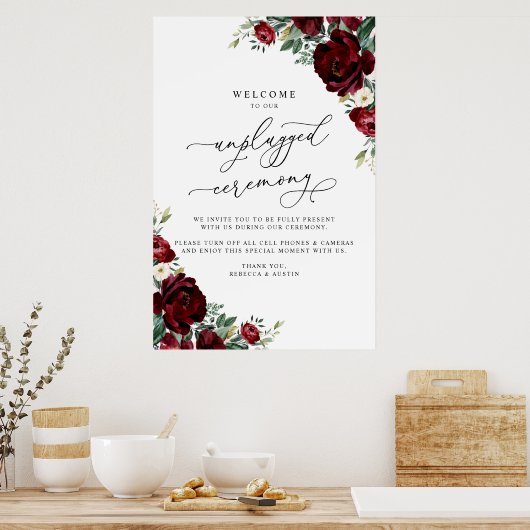Rustic Red Floral Wedding Unplugged Ceremonie Poster (Keuken)