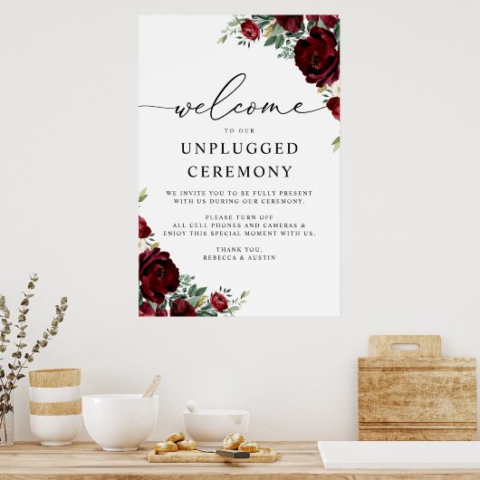 Rustic Red Floral Wedding Unplugged Ceremonie Poster (Keuken)