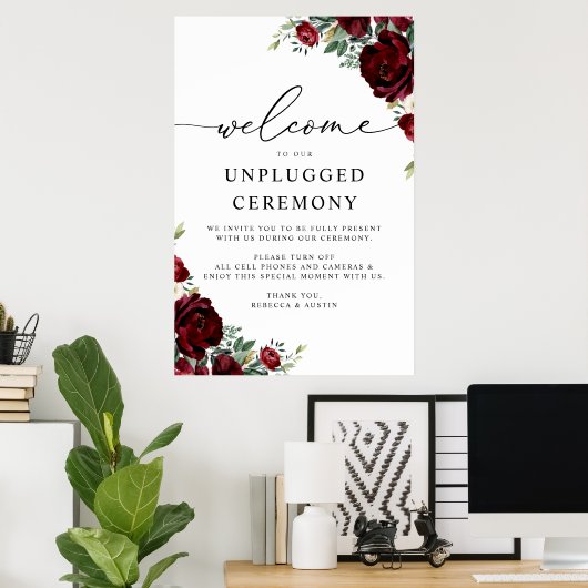 Rustic Red Floral Wedding Unplugged Ceremonie Poster (Thuiskantoor)