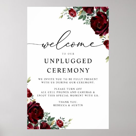 Rustic Red Floral Wedding Unplugged Ceremonie Poster (Voorkant)