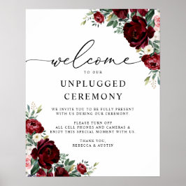Rustic Red Floral Wedding Unplugged Ceremony Sign Poster