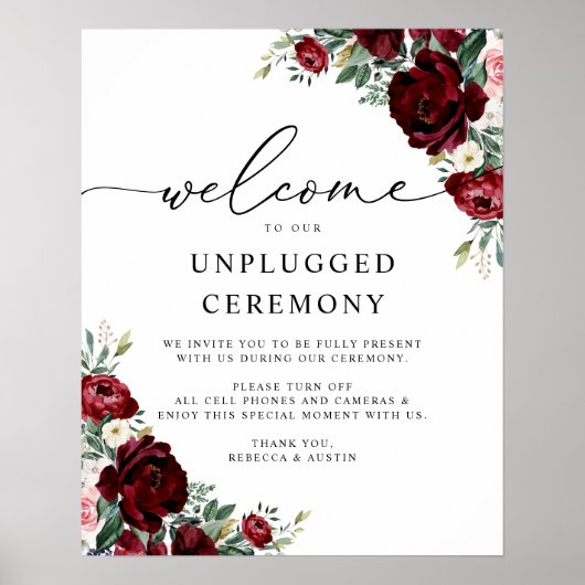 Rustic Red Floral Wedding Unplugged Ceremony Sign Poster (Voorkant)