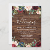 Rustic Red Floral Wood Burgundy Wedding Invite Kaart (Voorkant)