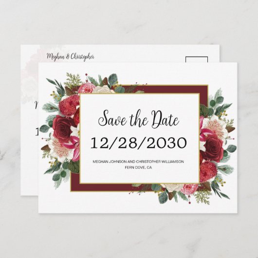 Rustic Red Flowers Winter Wedding Save the Date Aankondigingskaart (Voorkant / Achterkant)