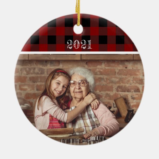 Rustic Red Foto met kerstfeest Joy Buffalo Pset Keramisch Ornament (Achterkant)