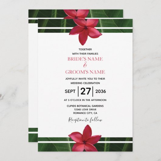 Rustic Red Frangipani Plumeria Wedding Invitations Kaart (Voorkant / Achterkant)