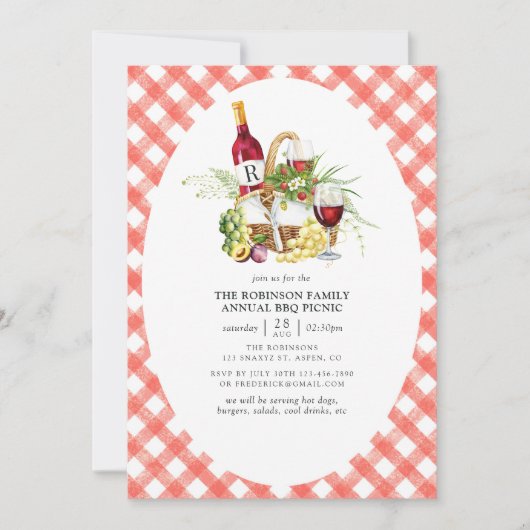 Rustic Red Gingham BBQ Picnic Monogram Kaart (Voorkant)