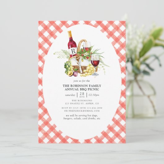 Rustic Red Gingham BBQ Picnic Monogram Kaart (Staand voorkant)