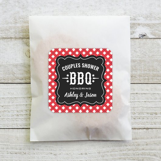 Rustic Red Gingham BBQ Wedding Couples Shower Vierkante Sticker