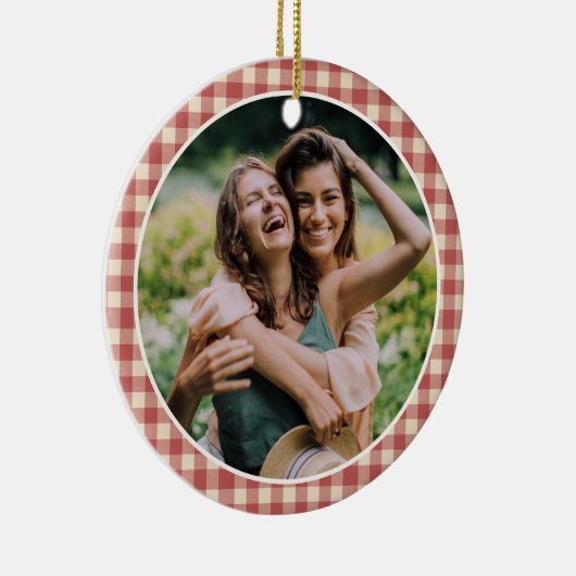 Rustic Red Gingham Foto Moderne Kerstmis Keramisch Ornament (Rechts)